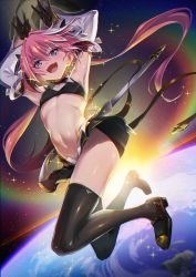 Rule 34 | 1boy, armpits, astolfo (fate), astolfo (saber) (fate), bare shoulders, belt, black bow, black gloves, black legwear, black neckwear, black ribbon, black shirt, black skirt, blush, bow, bowtie, crop top, earth (planet), elbow gloves, fate/grand order, fate (series), full body, gloves, hair intakes, highres, long hair, long sleeves, looking at viewer, low twintails, male focus, midriff, multicolored hair, navel, pink hair, planet, pleated skirt, purple eyes, ribbon, shirt, skirt, smile, space, streaked hair, sun, suppa (hagakuresuppa), thighhighs, trap, twintails, white hair