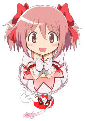 Rule 34 | 10s, 1girl, :d, bow, bubble skirt, clenched hands, creature, full body, gloves, hair bow, kamelie, kaname madoka, kyubey, magical girl, mahou shoujo madoka magica, mahou shoujo madoka magica (anime), mary janes, official style, open mouth, pink eyes, pink hair, shoes, short hair, short twintails, skirt, smile, stepping, twintails, white background