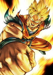 Rule 34 | 1boy, absurdres, amputee, blonde hair, dougi, dragon ball, dragonball z, fighting stance, foreshortening, green eyes, highres, huge filesize, incoming attack, looking at viewer, male focus, muscular, muscular male, aged up, orange pants, orange shirt, pants, pectoral cleavage, pectorals, punching, scar, scar across eye, scar on face, shirt, solo, son gohan (future), spiked hair, studio viga, torn clothes, torn shirt