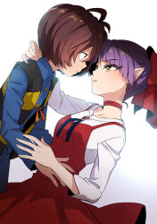 Rule 34 | 1boy, 1girl, absurdres, backlighting, blue shirt, brown hair, choker, closed mouth, collarbone, collared shirt, couple, dress, dress shirt, eye contact, gegege no kitarou, gem, hetero, highres, imminent kiss, kitarou, leaning back, leaning forward, long sleeves, looking at another, nekomusume, nekomusume (gegege no kitarou 6), orange ribbon, parted lips, pinafore dress, pointy ears, purple hair, red choker, red dress, red gemstone, ribbon, shirt, short hair, silanduqiaocui, simple background, sleeveless, sleeveless dress, white background, white shirt, wing collar, yellow eyes