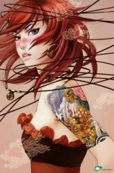 Rule 34 | 1girl, bare shoulders, jpeg artifacts, lips, red hair, solo, tattoo, watermark, zhang xiaobai
