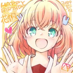 Rule 34 | 1girl, :d, \||/, aqua eyes, bekkankou, blush, brown dress, character name, commentary, crossed bangs, dated, dress, hair ornament, hands up, happy birthday, hasu no sora school uniform, heart, hinoshita kaho, link! like! love live!, looking at viewer, love live!, medium hair, open mouth, orange hair, outline, rabbit hair ornament, sailor collar, school uniform, signature, smile, solo, two side up, upper body, virtual youtuber, white background, white sailor collar, yellow background, yellow outline