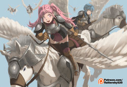 Rule 34 | 2girls, 4others, :d, alternate costume, armor, black legwear, blue background, blue hair, boots, breastplate, brown footwear, brown gloves, commentary, dress, english commentary, fire emblem, fire emblem: three houses, gloves, green little, grey eyes, hilda valentine goneril, holding, holding spear, holding weapon, long hair, marianne von edmund, matching hair/eyes, multiple girls, multiple others, nintendo, open mouth, patreon username, pauldrons, pegasus, pegasus knight uniform (fire emblem), pink eyes, pink hair, polearm, riding, short dress, shoulder armor, simple background, smile, spear, thighhighs, twintails, watermark, weapon, web address, zettai ryouiki