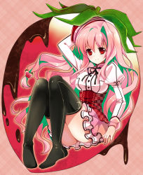 Rule 34 | 1girl, arm up, bad id, bad pixiv id, black thighhighs, chocolate, colored tips, corset, food, frills, fruit, full body, green hair, hat, juliet sleeves, long hair, long sleeves, multicolored hair, ootani mikoto, original, pink background, pink hair, pink theme, puffy sleeves, red eyes, skirt, smile, solo, strawberry, thighhighs, two-tone hair
