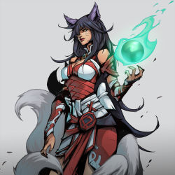 Rule 34 | 1girl, ahri (league of legends), animal ears, black hair, breasts, cleavage, detached sleeves, energy ball, facial mark, fingernails, fox ears, fox girl, fox tail, gradient background, large breasts, league of legends, long fingernails, long hair, official art, promotional art, ruined king: a league of legends story, tail, whisker markings