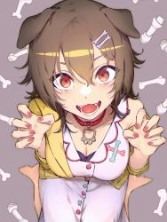 Rule 34 | 1girl, animal ears, barefoot, blurry, blush, bone hair ornament, braid, breasts, brown eyes, brown hair, choker, claw pose, cleavage, commentary, depth of field, dog ears, dress, fangs, from above, hair between eyes, hair ornament, highres, hololive, inugami korone, inugami korone (1st costume), jacket, looking at viewer, medium breasts, medium hair, nail polish, off shoulder, open clothes, open jacket, open mouth, patterned background, pink nails, purple background, rabbitioli, red choker, red pupils, side braids, simple background, sitting, sleeveless, sleeveless dress, smile, solo, twin braids, virtual youtuber, wariza, white dress, yellow jacket