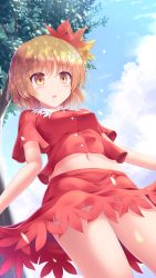 Rule 34 | 1girl, aki shizuha, blonde hair, blush, buttons, cowboy shot, day, hair ornament, highres, leaf hair ornament, lzh, navel, open mouth, red shirt, red skirt, shirt, short hair, short sleeves, skirt, solo, touhou, tree, yellow eyes