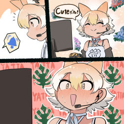 Rule 34 | 1girl, animal ears, blonde hair, blush, camisole, computer mouse, coyote (kemono friends), extra ears, flower, gloves, highres, hydrangea, jacket, kemono friends, kemono friends v project, leaf, mcgunngu, microphone, monitor, short hair, simple background, solo, sweat, upper body, virtual youtuber, wolf ears, wolf girl, yellow eyes