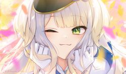 Rule 34 | 1girl, blonde hair, blush, chikuwa (rinka), close-up, closed mouth, collared shirt, dot nose, gloves, gradient hair, green eyes, half gloves, hands on own cheeks, hands on own face, hat, long bangs, long hair, long sleeves, looking at viewer, multicolored hair, nijisanji, one eye closed, peaked cap, portrait, shioriha ruri, shirt, sidelocks, smile, solo, straight hair, twitter username, virtual youtuber, white gloves, white hair, white shirt