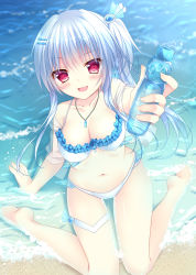 Rule 34 | 1girl, :d, aoumi lamune, arm at side, arm up, asymmetrical hair, bad id, bad pixiv id, bare legs, bare shoulders, beach, bikini, blue gemstone, blue hair, blush, bottle, breasts, brooch, cleavage, eyebrows, eyelashes, foreshortening, frilled bikini, frills, from above, gem, hair ornament, hairclip, highres, holding, holding bottle, jewelry, kohinata hoshimi, lamunation, large breasts, looking at viewer, looking up, necklace, ocean, open mouth, outdoors, outstretched arm, pendant, ramune, red eyes, sand, see-through, shore, side ponytail, smile, soles, solo, swimsuit, toes, water, water bottle, white bikini