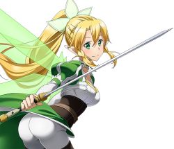 Rule 34 | 1girl, ass, blonde hair, braid, breasts, choker, cleavage, collarbone, green eyes, green wings, hair between eyes, hair ornament, high ponytail, holding, holding sword, holding weapon, leafa, leaning forward, long hair, looking at viewer, medium breasts, pants, smile, solo, standing, sword, sword art online, transparent background, twin braids, very long hair, weapon, white pants, wings