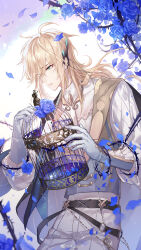 Rule 34 | 1boy, alkaid mcgrath, ascot, belt, belt chain, bird, birdcage, black belt, black cape, blonde hair, blue flower, blue rose, cage, cape, collared shirt, cowboy shot, dove, ear covers, eyes visible through hair, falling petals, flower, frilled gloves, frills, gloves, green eyes, grey gloves, grey vest, hair over one eye, highres, holding, holding cage, key, lapels, long sleeves, looking at animal, lovebrush chronicles, male focus, medium hair, official art, parted lips, petals, plant, puffy long sleeves, puffy sleeves, qinnye, rose, shawl lapels, shirt, side cape, single ear cover, solo, standing, thorns, vest, vines, weibo logo, weibo username, white ascot, white background, white shirt