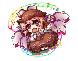 Rule 34 | 1girl, animal ears, bow, chibi, dress, hand on own chest, hat, kiki fushigi, music, musical note, mystia lorelei, open mouth, outstretched arm, pink hair, red eyes, short hair, simple background, singing, smile, solo, touhou, white background, wings