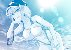 Rule 34 | 1girl, blue theme, breasts, cloud, commentary request, competition swimsuit, cowboy shot, goggles, unworn goggles, hair bobbles, hair ornament, highleg, highleg swimsuit, highres, kagiyama shachou, kawashiro nitori, leaning forward, lens flare, medium breasts, medium hair, monochrome, one-piece swimsuit, sky, solo, sun, sweat, swimsuit, touhou, two side up