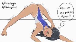Rule 34 | 1girl, animated, animated gif, arm support, artist request, ass, barefoot, black hair, blush, breasts, brown eyes, curvy, flexible, hair ornament, hairclip, highleg, highleg swimsuit, ijiranaide nagatoro-san, jack-o&#039; challenge, long hair, looking away, looking to the side, lying, nagatoro hayase, nervous smile, one-piece swimsuit, one-piece tan, shiny skin, simple background, small breasts, smile, solo, spanish text, spread legs, swimsuit, tan, tanline, toes, translation request, white background