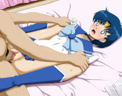 Rule 34 | 1990s (style), 1boy, 1girl, bed, bishoujo senshi sailor moon, blue eyes, blue hair, blush, circle anco, clitoris, clothed female nude male, clothed sex, curtains, earrings, hetero, highres, indoors, jewelry, leg grab, looking down, lying, missionary, mizuno ami, moaning, no panties, nude, on back, open mouth, penis, pleated skirt, pubic hair, pussy, sailor mercury, sex, short hair, skirt, spread legs, tiara, uncensored, vaginal, veins, veiny penis