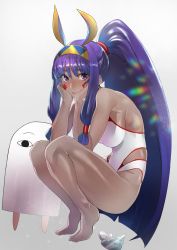 Rule 34 | 1girl, absurdres, animal ears, bare shoulders, blush, bracelet, breasts, closed mouth, competition swimsuit, dark-skinned female, dark skin, earrings, facepaint, facial mark, fate/grand order, fate (series), feet, full body, hairband, head rest, highres, hoop earrings, hotate-chan, jackal ears, jewelry, legs, long hair, looking at viewer, medium breasts, medjed (fate), nitocris (fate), nitocris (fate/grand order), nitocris (swimsuit assassin) (fate), nitocris (swimsuit assassin) (second ascension) (fate), one-piece swimsuit, ponytail, purple eyes, purple hair, seashell, shell, sidelocks, solo, squatting, swimsuit, thighs, tiptoes, very long hair, white one-piece swimsuit