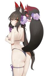 Rule 34 | 1girl, absurdres, animal ears, ass, bare shoulders, bikini, black hair, blue archive, blush, breasts, flower, fox ears, fox girl, fox tail, hair flower, hair ornament, highres, large breasts, long hair, looking back, multicolored hair, purple flower, seya (sseya33), simple background, skindentation, solo, streaked hair, swimsuit, tail, tail flower, tail ornament, thigh strap, thighs, twintails, very long hair, wakamo (blue archive), wakamo (swimsuit) (blue archive), wet, white background, yellow eyes