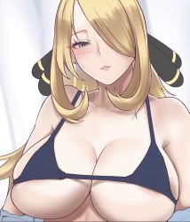 Rule 34 | 1girl, bare shoulders, blonde hair, blue bra, blue shirt, bra, breasts, cleavage, collarbone, creatures (company), cynthia (pokemon), earrings, eyelashes, game freak, grey eyes, hair ornament, hair over one eye, highres, jewelry, large breasts, lips, long hair, looking at viewer, micro bra, nintendo, parted lips, pokemon, pokemon dppt, shirt, solo, tinnies, underwear, undressing, unfinished, upper body, white background
