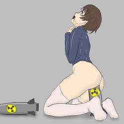 Rule 34 | absurdres, ass, bomb, destroyed, destruction, explosive, highres, missile, orgasm, pussy juice, pussy juice drip, radiation symbol, radioactive, saliva, saliva trail, shirt, short hair, side, tearing up, thighhighs, weapon