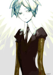 Rule 34 | 1other, androgynous, closed mouth, collared shirt, crystal hair, gem uniform (houseki no kuni), golden arms, green eyes, green hair, houseki no kuni, looking at viewer, necktie, phosphophyllite, sacog, shirt, short hair, short sleeves, solo