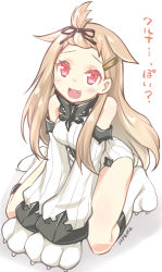 Rule 34 | 1girl, :3, absurdres, animal hands, artist name, bare shoulders, blonde hair, blush, claws, cosplay, detached sleeves, dress, fang, gloves, hair flaps, hair ornament, hairclip, highres, kantai collection, kneeling, long hair, looking at viewer, open mouth, paw gloves, paw shoes, red eyes, ribbed dress, ribbed sweater, ryuki (ryukisukune), seaport hime (cosplay), seaport princess, shadow, shoes, short dress, sidelocks, signature, smile, solo, sweater, sweater dress, thighs, translation request, yuudachi (kancolle)