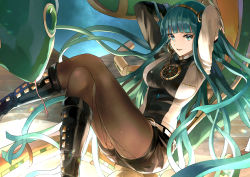 Rule 34 | 1girl, absurdres, arms up, belt, black footwear, black shirt, black shorts, blunt bangs, boots, breasts, brown pantyhose, cleopatra (fate), cobra (animal), crossed legs, earrings, fate/grand order, fate (series), green eyes, green hair, highres, hoop earrings, hoshi rasuku, huge filesize, jewelry, knee boots, large breasts, laurel crown, leaning back, long hair, looking at viewer, necklace, pantyhose, shirt, shorts, smile, thighs, two-tone shirt, white shirt