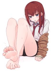 Rule 34 | 1girl, black shorts, blue eyes, blush, brown coat, coat, feet, feet together, foot focus, foreshortening, highres, kahlua (artist), makise kurisu, necktie, open clothes, open coat, red hair, short shorts, shorts, simple background, sitting, sleeves past wrists, smell, solo, steins;gate, straight hair, sweat, sweatdrop, toes, white background