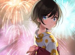 Rule 34 | 1girl, black hair, blue eyes, blush, closed mouth, commentary request, fireworks, from side, hair between eyes, japanese clothes, kimono, looking at viewer, looking back, obi, original, outdoors, pursed lips, sash, shigure ui, short hair, sidelocks, solo, tareme, upper body, white kimono, yukata