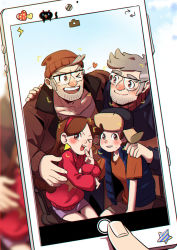 Rule 34 | 1girl, 3boys, ;d, animification, brother and sister, brown eyes, brown hair, cellphone, dipper pines, facial hair, glasses, gravity falls, grey hair, hairband, hand on another&#039;s shoulder, hat, heart, jacket, mabel pines, multiple boys, old, old man, one eye closed, open mouth, phone, siblings, skirt, smartphone, smile, stanford pines, stanley pines, stubble, sweater, turtleneck, turtleneck sweater, vest, yway1101