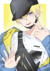 Rule 34 | 1boy, baseball cap, black hat, black mask, blonde hair, blue jacket, border, commentary, daydream (pdkiku), english commentary, eyelashes, fanny pack, fingernails, hair between eyes, halftone, halftone background, hands up, hat, head tilt, highres, hood, hood down, hooded jacket, jacket, jewelry, long sleeves, looking at viewer, lower teeth only, male focus, mask, mask pull, mole, mole on neck, mouth mask, nijisanji, nijisanji en, official alternate costume, open clothes, open jacket, open mouth, outside border, print shirt, purple eyes, ring, round teeth, shirt, short hair, simple background, smile, solo, sonny brisko, sonny brisko (2nd costume), teeth, tongue, upper body, virtual youtuber, white border, white shirt, yellow background, zipper, zipper pull tab
