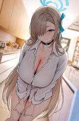 Rule 34 | 1girl, asuna (blue archive), blonde hair, blue archive, blue bow, blue eyes, blue nails, blush, bow, breasts, buttons, cabinet, choker, cleavage, closed mouth, collarbone, counter, fingernails, hair bow, hair over one eye, halo, hands on own thighs, highres, indoors, kitchen, large breasts, leaning forward, light brown hair, long hair, looking at viewer, mole, mole on breast, naked shirt, one eye covered, partially unbuttoned, school uniform, shirt, sleeves rolled up, smile, solar (happymonk), solo, very long hair, white shirt
