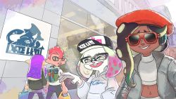 Rule 34 | 1boy, 3girls, alpha gamboa, backpack, bag, baseball cap, beret, casual, cephalopod eyes, fangs, glasses, hat, holding hands, hood, hoodie, inkling, inkling girl, inkling player character, jacket, looking at viewer, looking back, marina (splatoon), midriff, multiple girls, navel, nintendo, octoling, octoling player character, open mouth, pale skin, parted lips, pearl (splatoon), pointy ears, shopping bag, smile, splatoon (series), splatoon 2, sunglasses, tentacle hair, walking