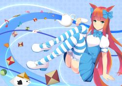 Rule 34 | 1girl, absurdres, ace (playing card), ace of spades, animal ears, arm support, blue background, blue bow, blue dress, blue skirt, blue thighhighs, blunt bangs, bow, card, checkerboard cookie, cookie, cup, dress, eighth note, food, full body, green eyes, hair bow, highres, horse ears, horse girl, horse tail, knees up, looking at viewer, musical note, playing card, shoes, short sleeves, silence suzuka (umamusume), sitting, skirt, smile, solo, spade (shape), striped clothes, striped thighhighs, tail, teacup, teapot, thighhighs, uechirou, umamusume, white footwear