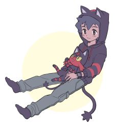 Rule 34 | 1boy, alternate costume, ame (ame025), ash ketchum, bracelet, brown eyes, character print, closed mouth, commentary request, creatures (company), game freak, gen 7 pokemon, grey hair, hood, hood up, hoodie, jewelry, litten, male focus, nintendo, on lap, pants, pokemon, pokemon (anime), pokemon (creature), pokemon ears, pokemon on lap, pokemon sm (anime), pokemon tail, short hair, sitting, smile, socks, tail, z-ring