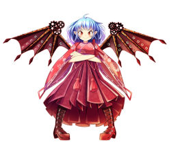 Rule 34 | 1girl, alternate costume, bad id, bad pixiv id, bat wings, blue hair, boots, cross-laced footwear, crossed arms, floral print, gears, hakama, hakama skirt, japanese clothes, lace-up boots, long sleeves, mechanical wings, meiji schoolgirl uniform, oimo (imoyoukan), pointy ears, red eyes, red hakama, remilia scarlet, skirt, smile, solo, touhou, wide sleeves, wings