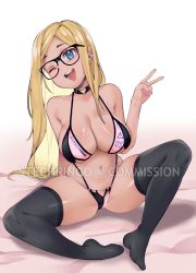 Rule 34 | 1girl, ;d, bikini, black-framed eyewear, black thighhighs, blonde hair, blue eyes, breasts, choker, cleavage, commission, glasses, heart, heart choker, highres, large breasts, long hair, nail polish, navel, one eye closed, open mouth, original, sitting, smile, solo, stephringo, swimsuit, tan, thighhighs, tongue, v