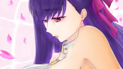 Rule 34 | 1girl, bare shoulders, breasts, fate/extra, fate/extra ccc, fate (series), female focus, hair ornament, hair ribbon, highres, huge breasts, lips, long hair, nise asaki, o-ring, passionlip (fate), profile, purple eyes, purple hair, ribbon, sad, solo, upper body