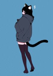 Rule 34 | 1girl, animal ears, black cat, black hair, black thighhighs, blue background, cat, cat ears, cat girl, cat tail, full body, grey hoodie, hoodie, megateru, original, tail, thighhighs