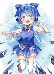 Rule 34 | 1girl, atage, blue eyes, blue hair, blush, bow, cirno, fang, gomibox2021, hair bow, looking at viewer, matching hair/eyes, open mouth, shirt, short hair, skirt, skirt set, smile, solo, thighhighs, touhou, vest, white thighhighs, wings, zettai ryouiki