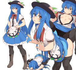 Rule 34 | 1girl, ?, ass, bent over, black headwear, black panties, black pantyhose, blue hair, blue skirt, blush, boots, breasts, commentary request, grey footwear, hair between eyes, hat, unworn hat, unworn headwear, hinanawi tenshi, long hair, looking at viewer, medium breasts, multiple views, no bra, open clothes, open mouth, open shirt, panties, pantyhose, red eyes, red ribbon, ribbon, shirt, shiseki hirame, short sleeves, simple background, skirt, smile, touhou, underwear, very long hair, white background, white shirt