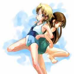 Rule 34 | 2girls, assisted stretching, back-to-back, blue background, locked arms, multiple girls, myu, one-piece swimsuit, original, simple background, stretching, swimsuit, white background