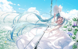 Rule 34 | 1girl, animal, arm up, bare arms, bare shoulders, blue eyes, blue hair, blue sky, blush, bug, butterfly, chinese commentary, closed mouth, cloud, commentary, day, dress, field, flower, flower field, flower request, hair between eyes, hat, hatsune miku, highres, horizon, insect, lilac, lily (flower), long hair, looking at viewer, outdoors, plant, potted plant, purple flower, qys3, revision, sky, sleeveless, sleeveless dress, smile, solo, straw hat, sun hat, very long hair, vocaloid, white dress, white flower, white hat