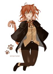 Rule 34 | 1girl, :o, ahoge, animal ears, blush, cape, cat day, cat ears, cat tail, collared shirt, dated, fate/grand order, fate (series), fujimaru ritsuka (female), fujimaru ritsuka (female) (mage&#039;s association uniform), full body, hair between eyes, hair ornament, hair scrunchie, highres, legs up, looking at viewer, medium hair, neck ribbon, official alternate costume, one side up, open mouth, orange hair, pantyhose, paw print, ribbon, ringo 2000, scrunchie, shirt, shorts, side ponytail, simple background, solo, tail, tail ornament, tail ribbon, yellow shirt