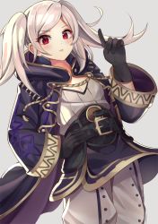 Rule 34 | 1girl, absurdres, belt, breasts, cappu, cleavage, cowboy shot, fire emblem, flat chest, grey background, hand on own hip, highres, hood, hood down, index finger raised, long hair, looking at viewer, nintendo, parted bangs, parted lips, red eyes, robe, robin (female) (fire emblem), robin (fire emblem), simple background, solo, standing, twintails, white hair