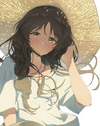 Rule 34 | 1girl, absurdres, adjusting clothes, adjusting headwear, blush, braid, brown eyes, brown hair, collarbone, dot nose, hat, highres, idolmaster, idolmaster cinderella girls, idolmaster cinderella girls starlight stage, long hair, looking at viewer, sanpo (sanpo 1027), shadow, shirt, short sleeves, side braid, single braid, smile, solo, split mouth, straw hat, sun hat, sunlight, takamori aiko, upper body, white background, white shirt