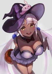 Rule 34 | 1girl, absurdres, alternate hair color, bare shoulders, breasts, cleavage, dark-skinned female, dark skin, from above, grey background, hat, highres, hololive, hololive english, jack-o&#039;-lantern, large breasts, long hair, looking at viewer, miniskirt, nannachu7, open mouth, purple hair, purple skirt, simple background, skirt, sleeveless, smile, solo, standing, teeth, tsukumo sana, twintails, upper teeth only, virtual youtuber, witch hat, yellow eyes