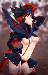 Rule 34 | 10s, 1girl, bad id, bad pixiv id, black hair, blush, boots, breasts, garter straps, hand on own hip, kill la kill, lindaroze, living clothes, matoi ryuuko, medium breasts, microskirt, multicolored hair, navel, over shoulder, pleated skirt, red hair, revealing clothes, scissor blade (kill la kill), senketsu, short hair, sideways mouth, skirt, solo, streaked hair, suspenders, thigh boots, thighhighs, two-tone hair, underboob, weapon, weapon over shoulder