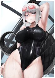 Rule 34 | 1girl, absurdres, arm at side, arm behind head, arm up, armpits, black one-piece swimsuit, blush, border, breasts, closed mouth, competition swimsuit, cowboy shot, genbu (kemono friends), gluteal fold, grey hair, groin, highleg, highleg swimsuit, highres, indoors, kemono friends, kemono friends 3, large breasts, looking at viewer, one-piece swimsuit, outside border, purple eyes, shibori kasu, shiny clothes, snake, snake tail, swimsuit, tail, thigh gap, tsurime, turtleneck, wet, wet clothes, wet floor, wet swimsuit, white border