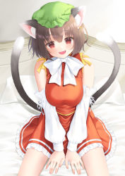 Rule 34 | 1girl, :d, aged up, animal ear fluff, animal ears, bare shoulders, between legs, blush, bow, breasts, brown hair, cat ears, cat girl, cat tail, chen, dress, fang, feet out of frame, frilled skirt, frills, green hat, hand between legs, hat, highres, jewelry, large breasts, long sleeves, looking at viewer, mob cap, multiple tails, nekomata, open mouth, petticoat, red eyes, red skirt, shirt, short hair, sitting, skirt, skirt set, smile, solo, tail, touhou, two tails, vest, white shirt, y na1211